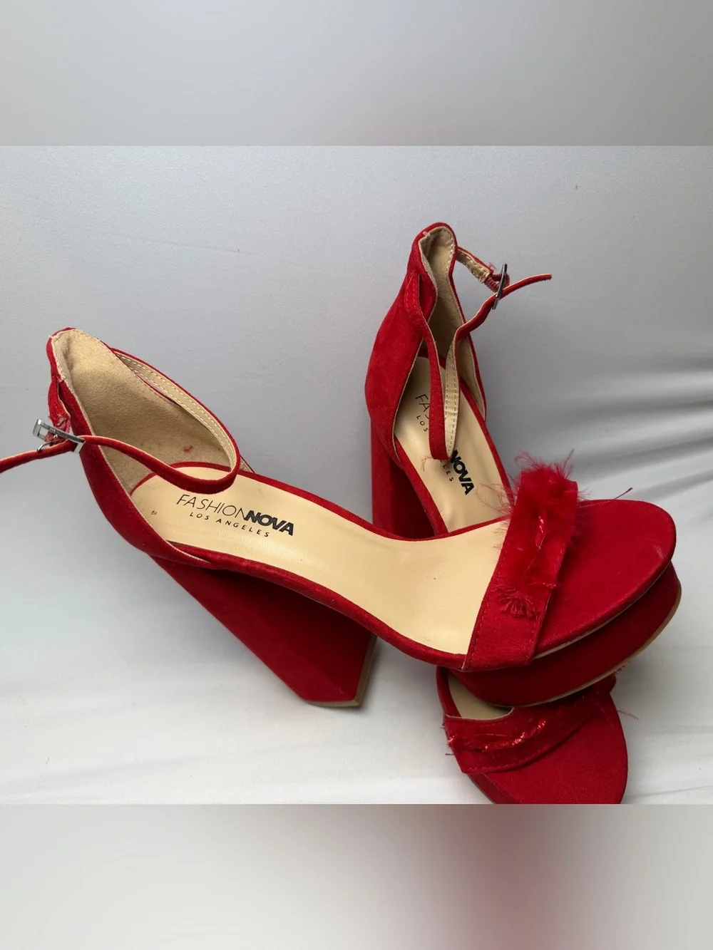 Fashion Nova Red Suede Block Heel Sandals with Ankle Strap and Fringe
